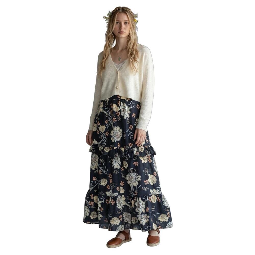 Marc New York Tiered Maxi Skirt  Size XL Flowy Tiered Black Boho Cottagecore - Picture 2 of 9